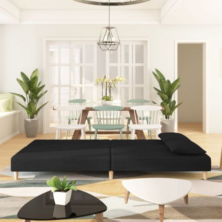 2-Seater Sofa Bed with Two Pillows Black Fabric