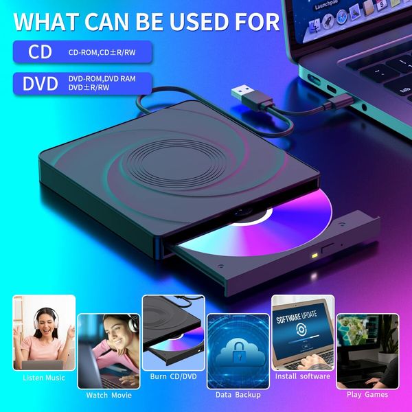 External CD/DVD Drive for Laptop,USB 3.0 & Type-C Mute CD Burner,Portable CD DVD +/-RW Drive Optical Drive Players Readers,Compatible with Desktop MacBook Notebook with Windows Linux OS