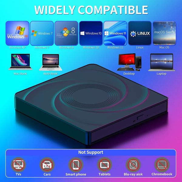 External CD/DVD Drive for Laptop,USB 3.0 & Type-C Mute CD Burner,Portable CD DVD +/-RW Drive Optical Drive Players Readers,Compatible with Desktop MacBook Notebook with Windows Linux OS