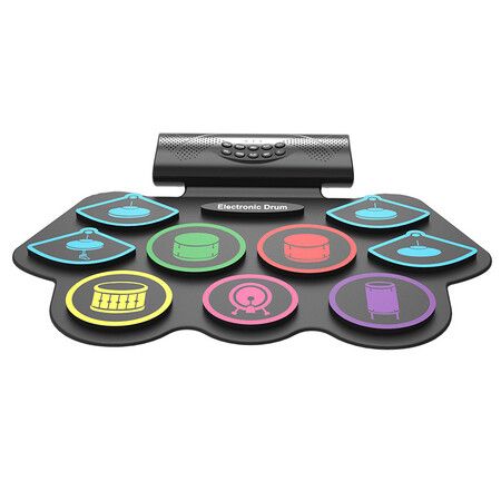 9 Pads Electronic Drum Set USB POWERED Roll-Up Drum Practice Pad Drum Kit with Headphone Jack Built-in Speaker Drum Pedals Drum Sticks Colorful