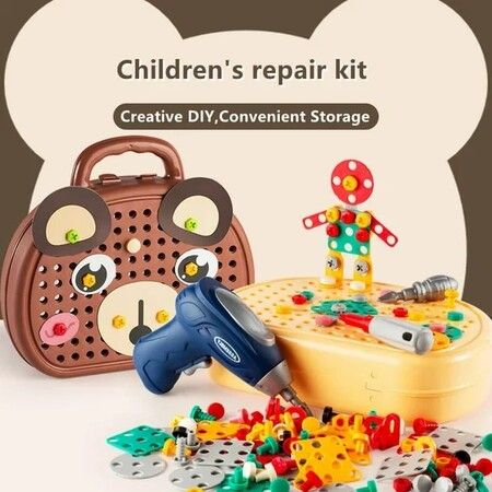 203 Pieces Children's Repair Toolbox Creative Mosaic Puzzle Toy With Electric Drill Screw Tool Set Kids DIY Learning Toys (Brown Bear)