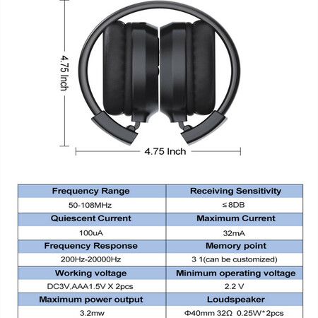 FM Radio Headphones Built-in Mic Automatic Scan Station Soft Memory Foam Earpads Foldable & Scalable Design