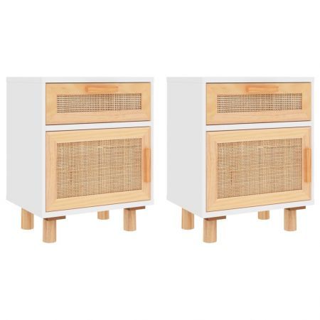 Bedside Cabinets 2 pcs White Solid Wood Pine and Natural Rattan