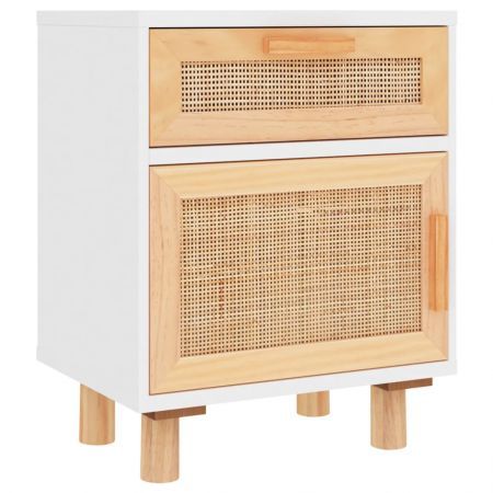 Bedside Cabinets 2 pcs White Solid Wood Pine and Natural Rattan