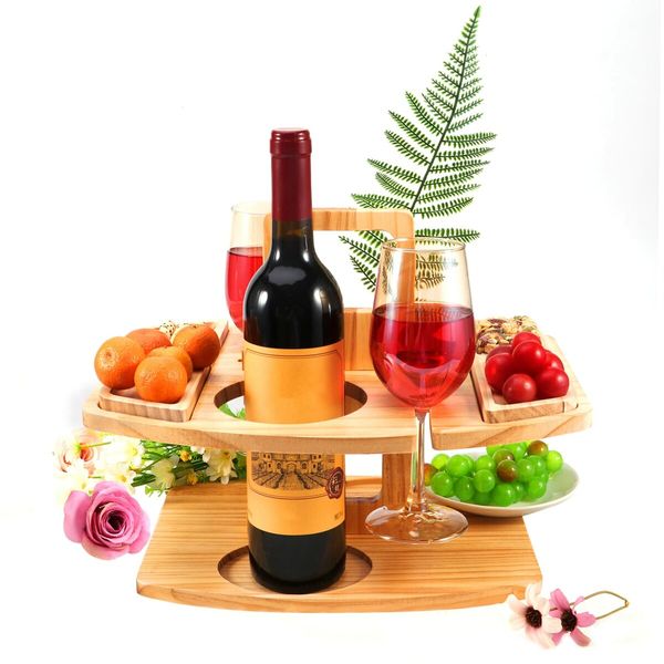 Portable Wooden Picnic Table Mini Furniture Snack Cheese Wine Tray with Glass Holder for Camping Beach Park