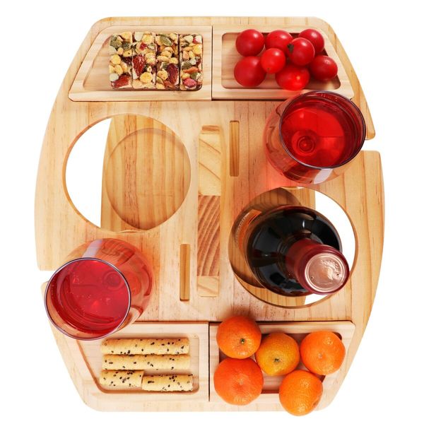 Portable Wooden Picnic Table Mini Furniture Snack Cheese Wine Tray with Glass Holder for Camping Beach Park