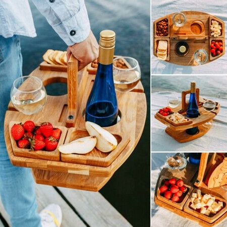 Portable Wooden Picnic Table Mini Furniture Snack Cheese Wine Tray with Glass Holder for Camping Beach Park