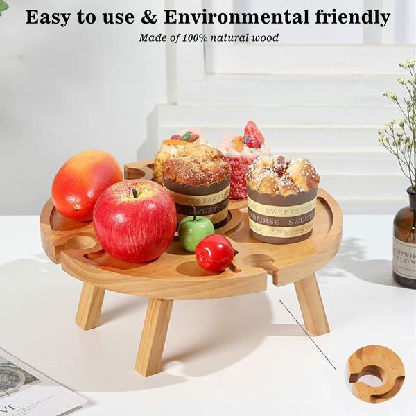 Wooden Folding Picnic Table with Wine Glass Holder - Portable Creative 2 in 1 Wine Glass Rack for Outdoor