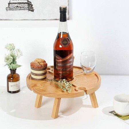 Wooden Folding Picnic Table with Wine Glass Holder - Portable Creative 2 in 1 Wine Glass Rack for Outdoor