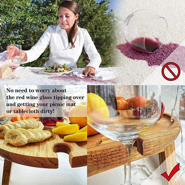 Wooden Folding Picnic Table with Wine Glass Holder - Portable Creative 2 in 1 Wine Glass Rack for Outdoor