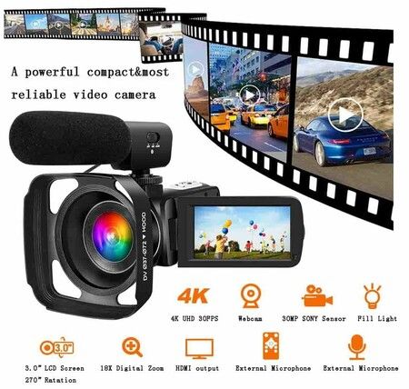 4K Video Camera Camcorder Ultra HD 56MP Vlogging Camera with Microphone, Handheld Stabilizer, 2 Batteries