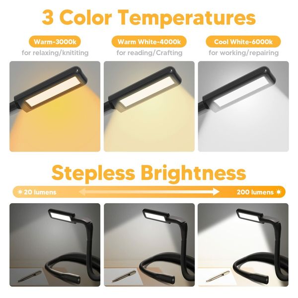 LED Neck Reading Light Adjustable Desk Lamp 3 Color Reading Light Suitable for Repairing Night Running Camping