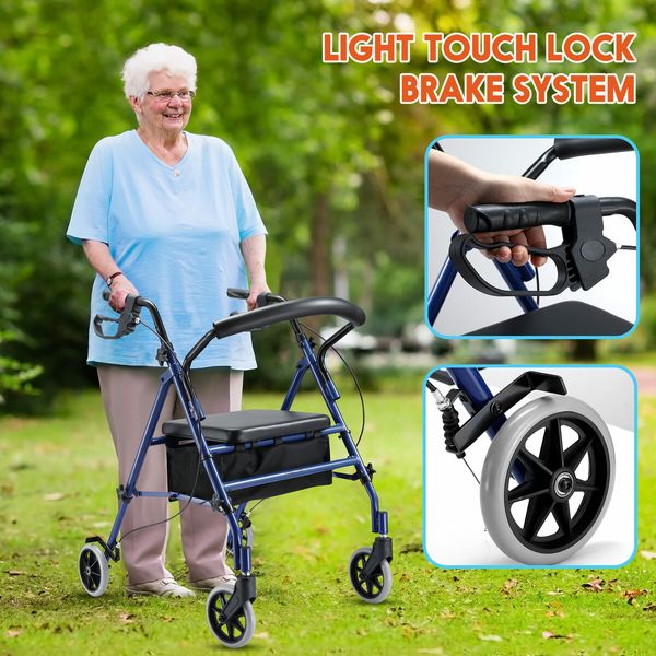 4 Wheel Rollator Walker with Seat for Seniors Lightweight Rolling Walking Trolley Folding Elderly Medical Steel Blue Auswheel