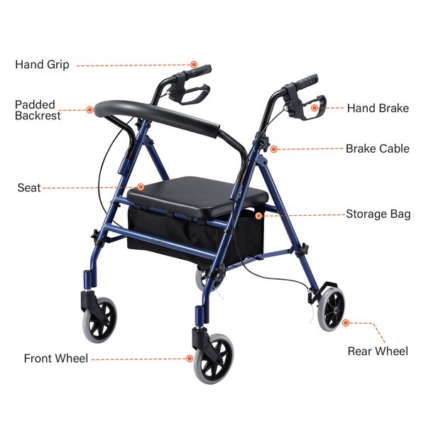 4 Wheel Rollator Walker with Seat for Seniors Lightweight Rolling Walking Trolley Folding Elderly Medical Steel Blue Auswheel