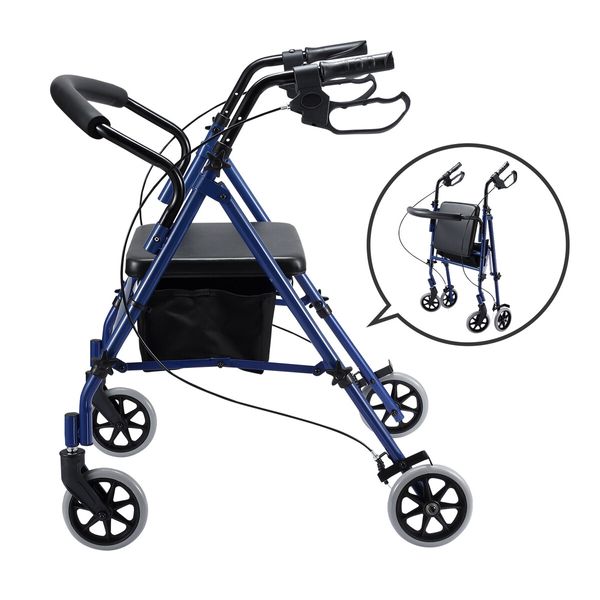 4 Wheel Rollator Walker with Seat for Seniors Lightweight Rolling Walking Trolley Folding Elderly Medical Steel Blue Auswheel