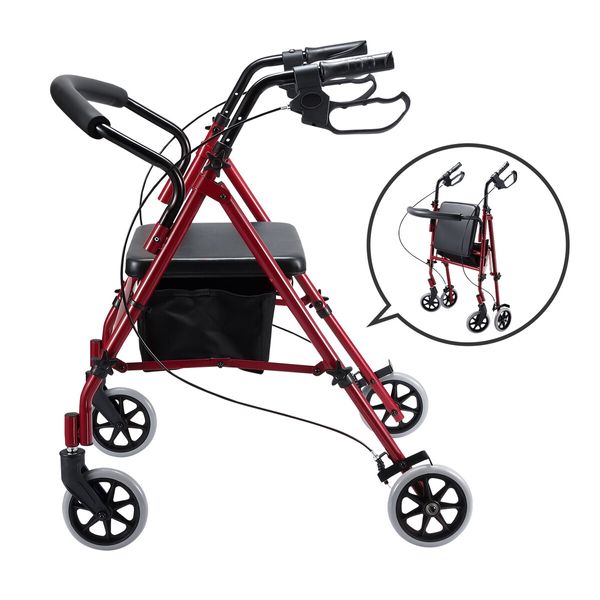 4 Wheel Rollator Walker with Seat Lightweight for Seniors Walking Rolling Trolley Folding Medical Elderly Steel Red Auswheel