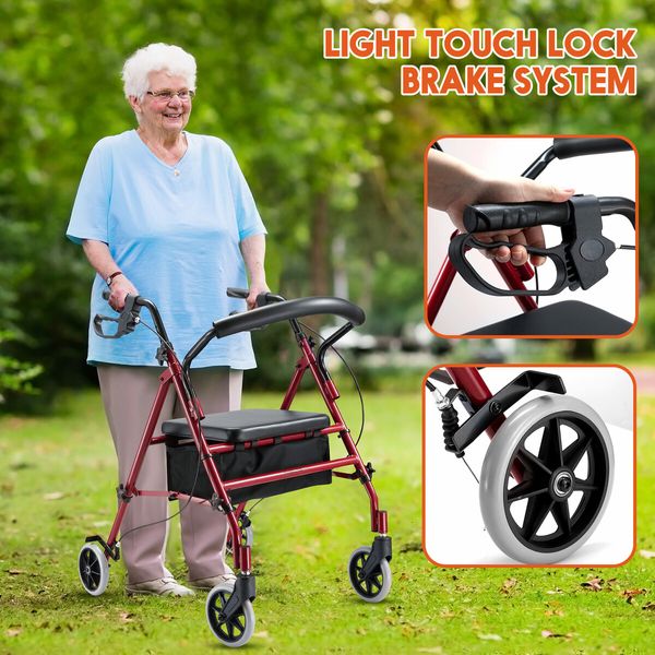 4 Wheel Rollator Walker with Seat Lightweight for Seniors Walking Rolling Trolley Folding Medical Elderly Steel Red Auswheel