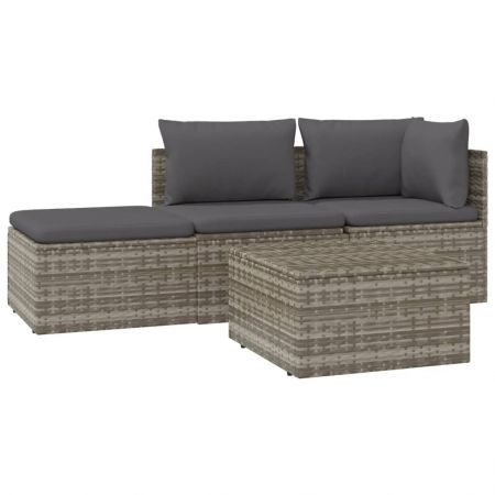 4 Piece Garden Lounge Set with Cushions Grey Poly Rattan