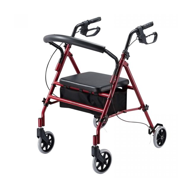 4 Wheel Rollator Walker with Seat Lightweight for Seniors Walking Rolling Trolley Folding Medical Elderly Steel Red Auswheel