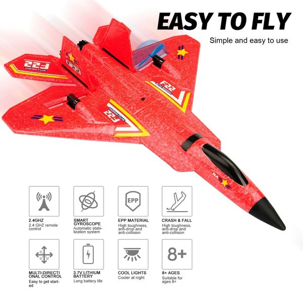 Remote Control Plane RTF F-22 Raptor,2.4Ghz 6-axis Gyro RC Airplane with Light Strip,Jet Fighter Toy Gift for Kids Beginner (Red)