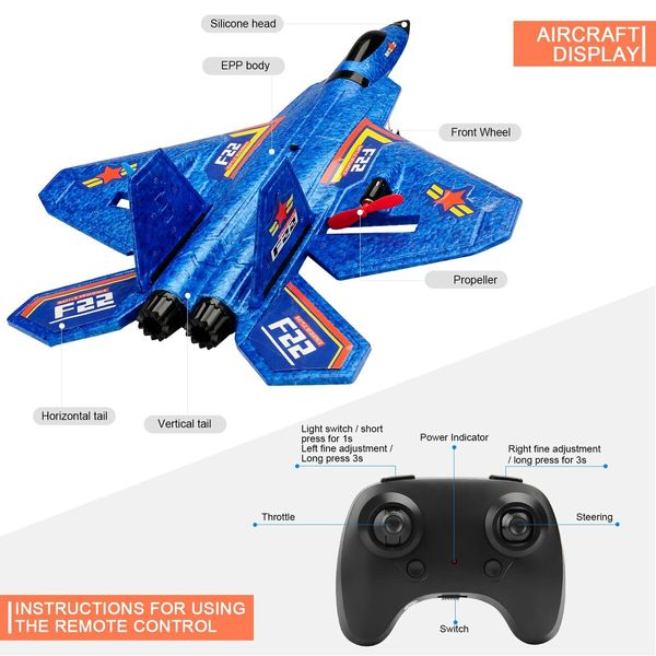 Remote Control Plane RTF F-22 Raptor,2.4Ghz 6-axis Gyro RC Airplane with Light Strip,Jet Fighter Toy Gift for Kids Beginner (Blue)