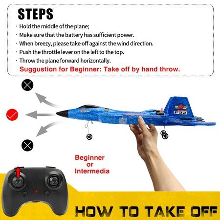 Remote Control Plane RTF F-22 Raptor,2.4Ghz 6-axis Gyro RC Airplane with Light Strip,Jet Fighter Toy Gift for Kids Beginner (Blue)