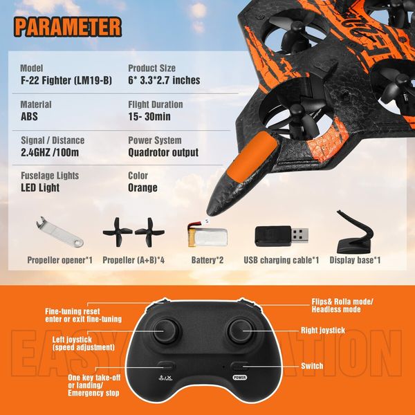 Remote Control Airplane for Beginners,2.4GHz V17 Jet Fighter Stunt RC Airplanes,ABS,3D Flip,Stunt Roll,Cool Light,2 Batteries,RC Planes for Kids Age3+,Orange