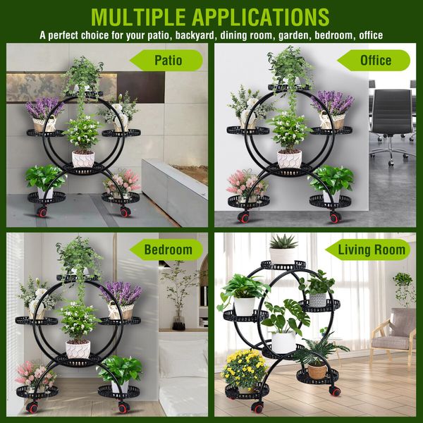 Plant Flower Pot Stand Planter Holder Display Shelf Indoor Outdoor Black Rack Trolley Balcony Garden Metal Shelving Unit with Wheels