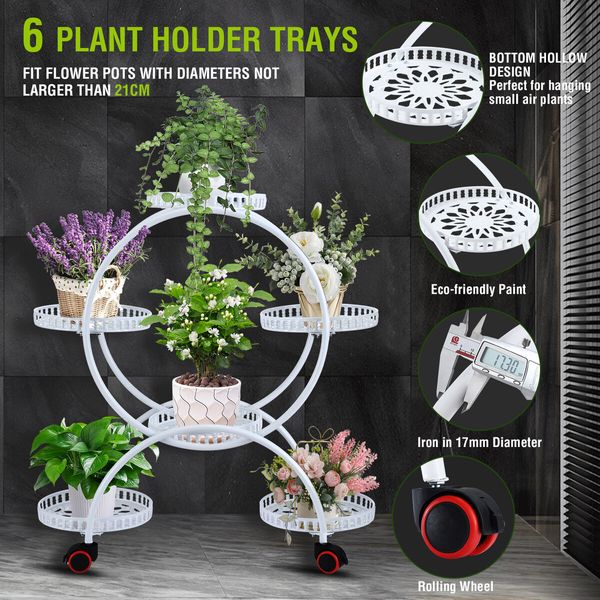 Plant Flower Pot Stand Planter Display Holder Shelf Outdoor Indoor White Trolley Rack Garden Balcony Metal Shelving Unit with Wheels