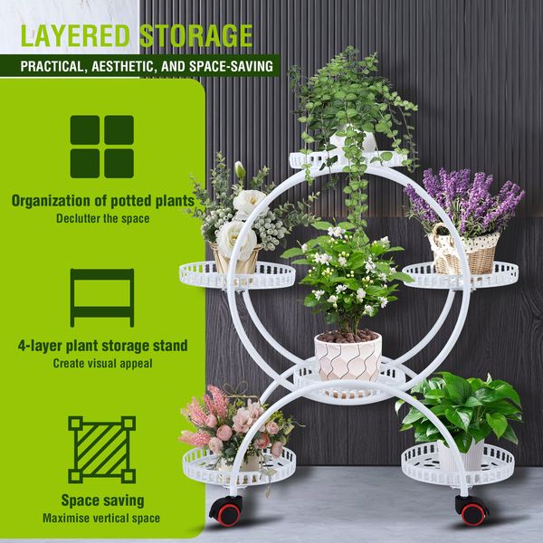 Plant Flower Pot Stand Planter Display Holder Shelf Outdoor Indoor White Trolley Rack Garden Balcony Metal Shelving Unit with Wheels