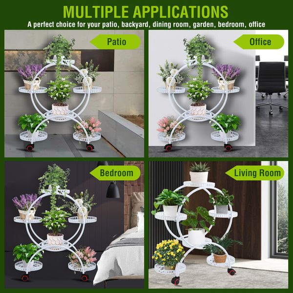 Plant Flower Pot Stand Planter Display Holder Shelf Outdoor Indoor White Trolley Rack Garden Balcony Metal Shelving Unit with Wheels