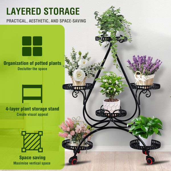 Flower Pot Plant Stand Planter Holder Display Shelf Outdoor Indoor Black Rack Trolley Balcony Garden Metal Shelving Unit with Wheels