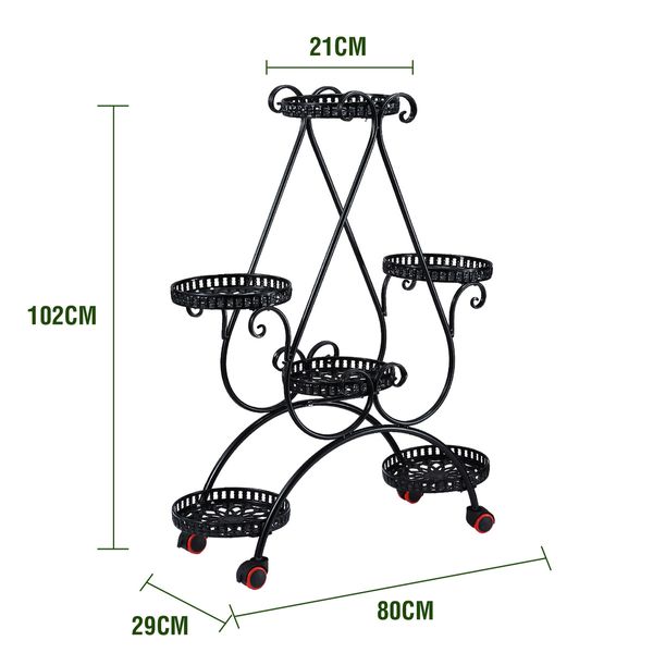 Flower Pot Plant Stand Planter Holder Display Shelf Outdoor Indoor Black Rack Trolley Balcony Garden Metal Shelving Unit with Wheels