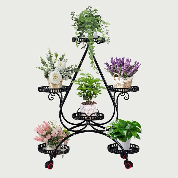 Flower Pot Plant Stand Planter Holder Display Shelf Outdoor Indoor Black Rack Trolley Balcony Garden Metal Shelving Unit with Wheels