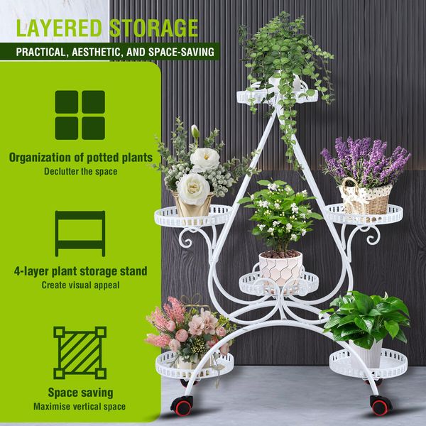 Plant Flower Pot Stand Holder Planter Display Shelf Indoor Outdoor Rack White Trolley Balcony Garden Shelving Unit Metal with Wheels