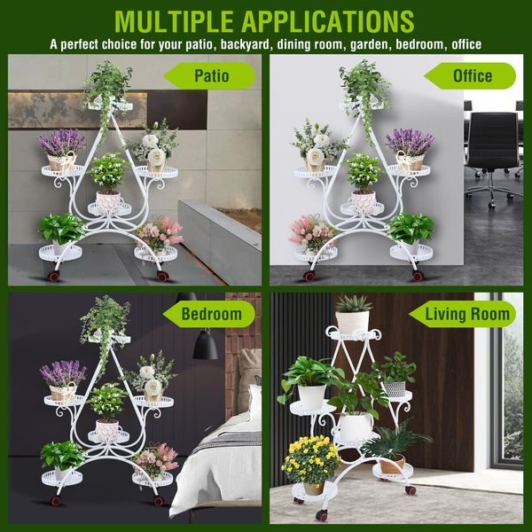 Plant Flower Pot Stand Holder Planter Display Shelf Indoor Outdoor Rack White Trolley Balcony Garden Shelving Unit Metal with Wheels