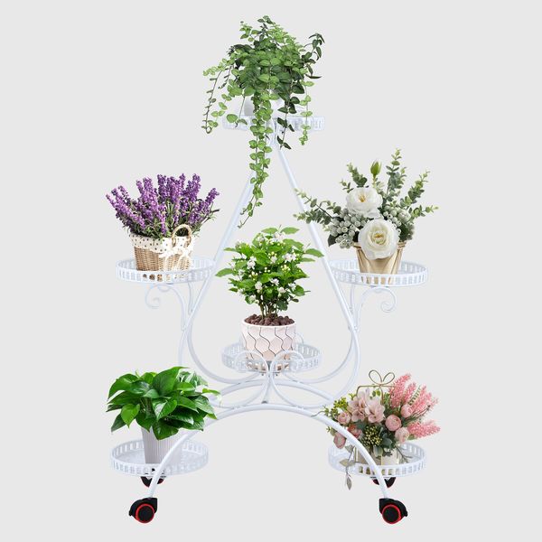 Plant Flower Pot Stand Holder Planter Display Shelf Indoor Outdoor Rack White Trolley Balcony Garden Shelving Unit Metal with Wheels