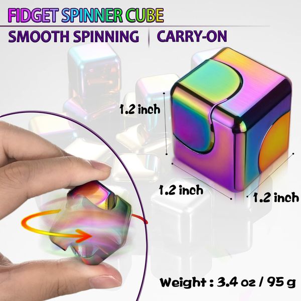 Fidget Toy Metal Figette Cube Spinner 2PCS,Quiet Small Cool Gadget Desk Toy Sensory Fidget Anxiety Toys,ADHD Stress Relief Stocking Stuffer Gifts for Kids,Teens,Men (Rainbow+Blue)