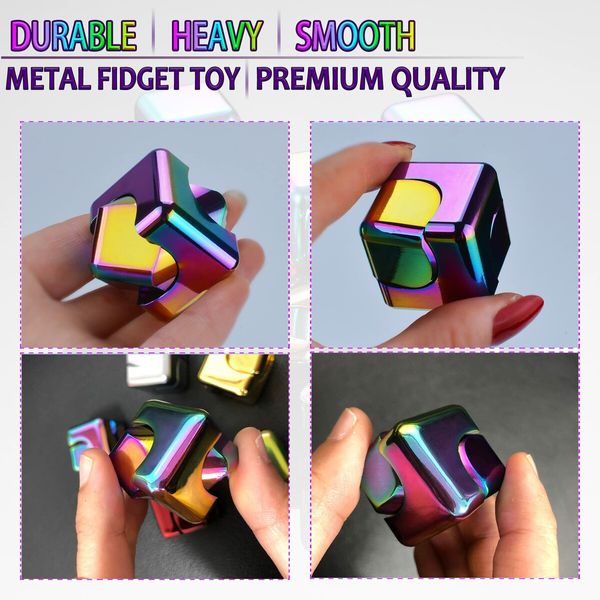 Fidget Toy Metal Figette Cube Spinner 2PCS,Quiet Small Cool Gadget Desk Toy Sensory Fidget Anxiety Toys,ADHD Stress Relief Stocking Stuffer Gifts for Kids,Teens,Men (Rainbow+Blue)