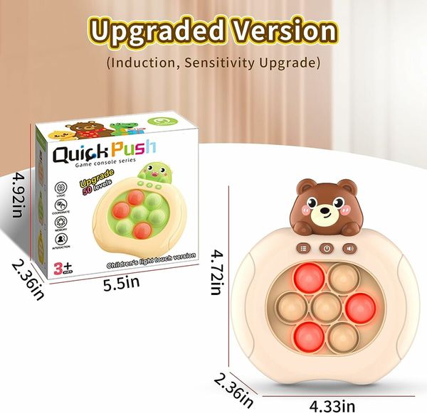 Quick Push Game Console, Light Up Electronic Sensory Games, Travel Handheld Game, Bubble Birthday Gift for Kids Age 5+ (Brown Bear)