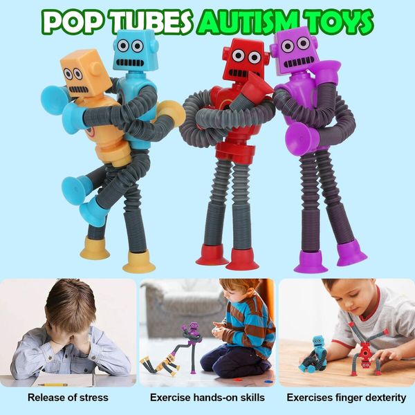 Pop Tubes,Robotics Fidget Tubes Sensory Toys Pack(4Pack),Toddler Sensory Toys Imaginative Play & Stimulating Creative Learning (4PCS Robotics Pop Tubes)