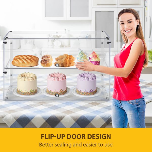 Cake Cabinet Display Cupcake Shelf 2 Tier Unit Acrylic Bakery Case Stand Muffin Donut Pastry Model Toy Showcase Countertop Flip-up Door 5mm