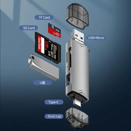 6 In 1 Multi-Function Card Reader High-Speed Transmission Adapter U Disk Type C/USB/Micro USB/TF/SD Smart Memory Card Reader