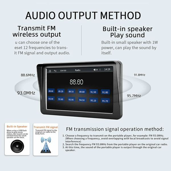 Portable Touch Screen Wireless Carplay and Android Auto, 7 Inch Car Stereo with Mirror Link/Bluetooth/FM Transmitter/USB/TF