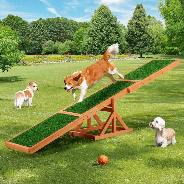 Petscene Pet Seesaw Dog Obedience Training Puppy Sports Agility Outdoor Play Exercise Equipment Teeter Totter Wooden Artificial Grass