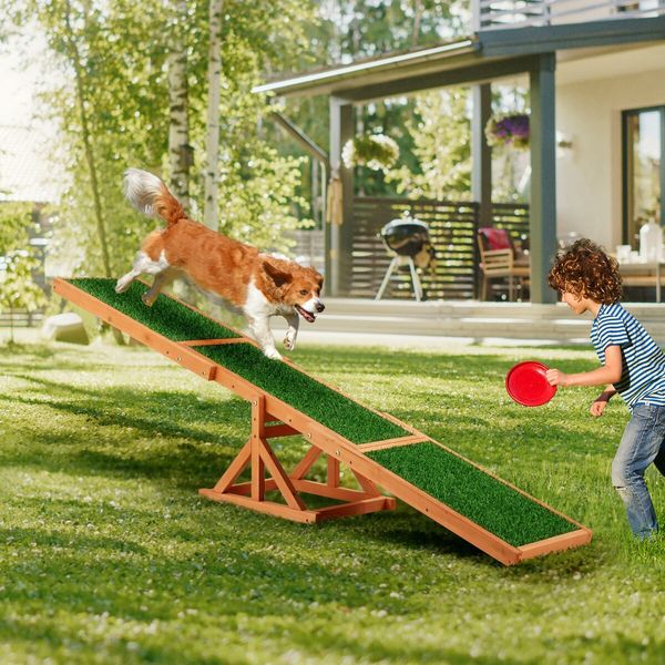 Petscene Pet Seesaw Dog Obedience Training Puppy Sports Agility Outdoor Play Exercise Equipment Teeter Totter Wooden Artificial Grass