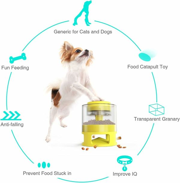 2 in 1 Automatic Cat Feeder, Pet Press Slow Food Leaker Food Dispenser,Yellow