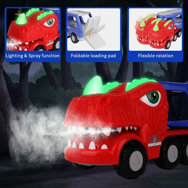 Dinosaur Truck Toys 9 in 1 Dinosaur Trucks 8 Pull Back Cars, Dinosaur Toy Trucks for Boys with Smoke, Sound & Light, Birthday Gift for kids