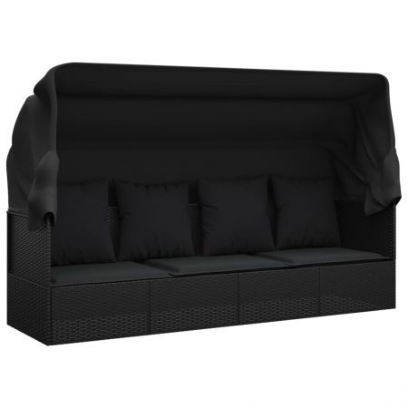 Outdoor Lounge Bed with Roof and Cushions Black Poly Rattan