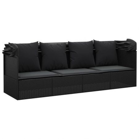 Outdoor Lounge Bed with Roof and Cushions Black Poly Rattan